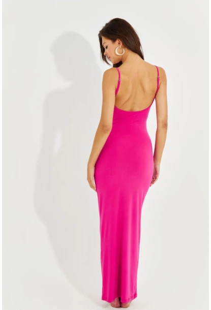 Kadın Fuşya Ayarlanabilir Askılı Maxi Elbise MEN2004