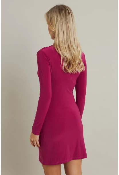 Kadın Fuşya Büzgülü Dik Yaka Mini Elbise ELT3138-90