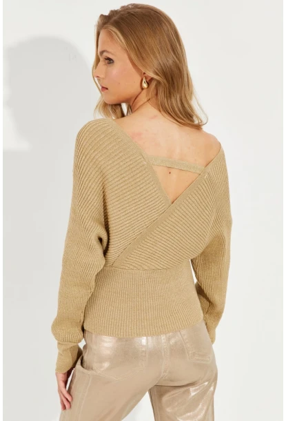 Kadın Gold Rengi Kruvaze Simli Kazak KED125