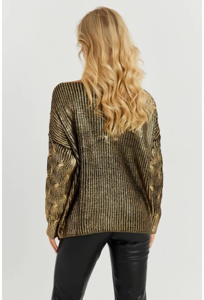 Kadın Gold Rengi Varaklı Triko Kazak SF2533