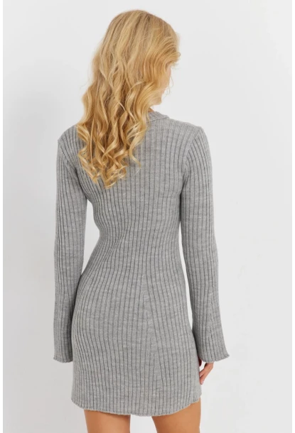 Kadın Gri İspanyol Kol Triko Mini Elbise YV273