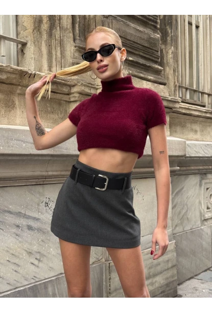 Kadın Gri Kemerli Şort Etek