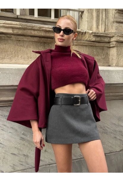 Kadın Gri Kemerli Şort Etek