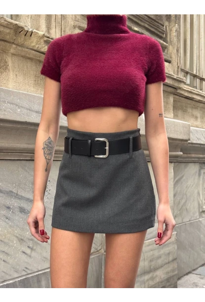 Kadın Gri Kemerli Şort Etek