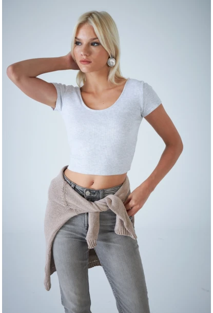 Kadın Gri Ön Arka U Bluz EV57