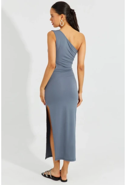 Kadın Gri Tek Omuz Yırtmaçlı Maxi Elbise B2629