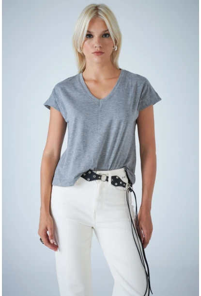 Kadın Gri V Yaka T-Shirt LPP1311