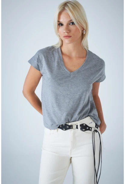 Kadın Gri V Yaka T-Shirt LPP1311