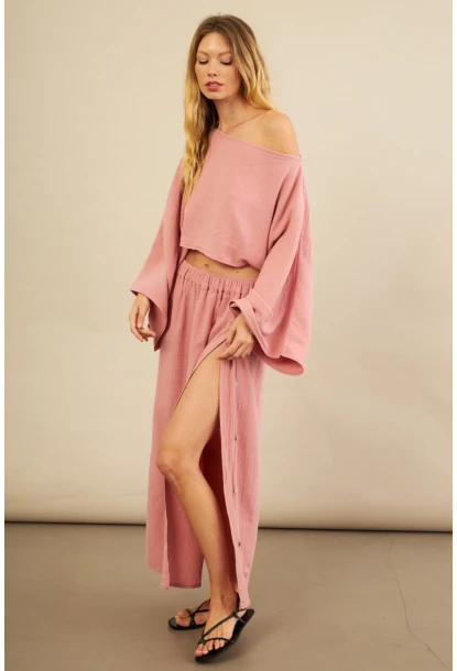 Kadın Gül Kurusu Yarasa Kol Crop Müslin Etek Takım BTY104