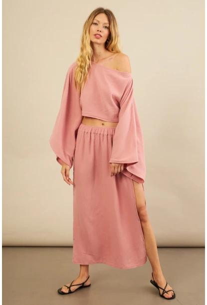 Kadın Gül Kurusu Yarasa Kol Crop Müslin Etek Takım BTY104