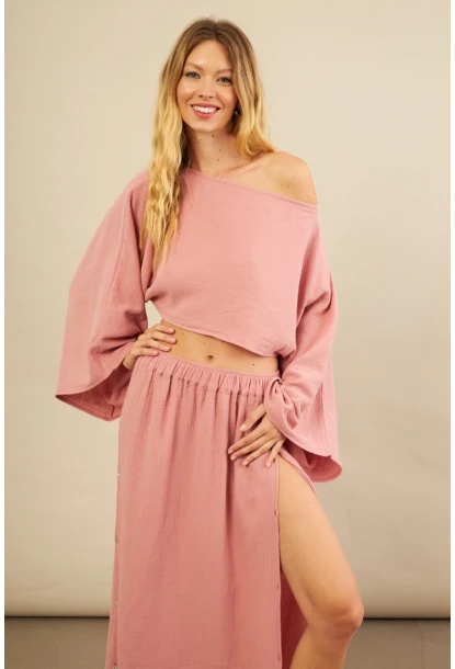 Kadın Gül Kurusu Yarasa Kol Crop Müslin Etek Takım BTY104