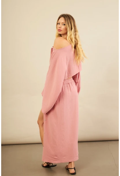 Kadın Gül Kurusu Yarasa Kol Crop Müslin Etek Takım BTY104