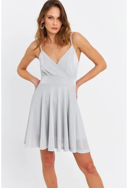 Kadın Gümüş Rengi Kruvaze Simli Astarlı Mini Elbise DCF110