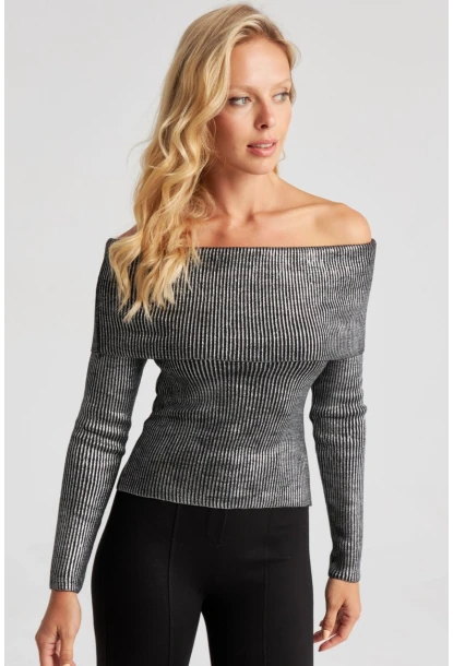 Kadın Gümüş Rengi Varaklı Madonna Triko Bluz SF2523