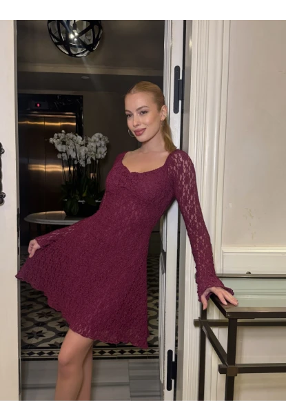 Kadın Güpür Detay Astarlı Elbise Bordo