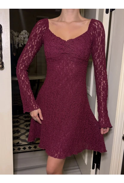 Kadın Güpür Detay Astarlı Elbise Bordo