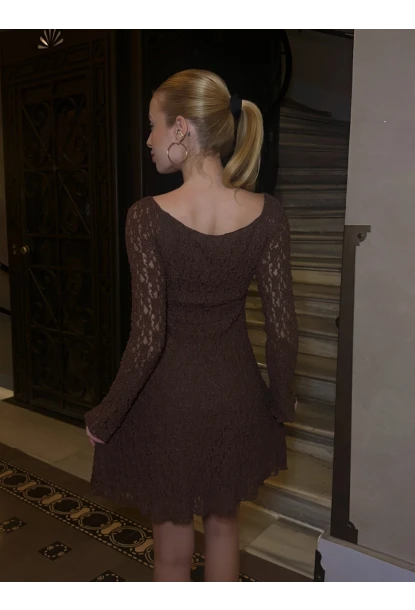 Kadın Güpür Detay Astarlı Elbise Kahve