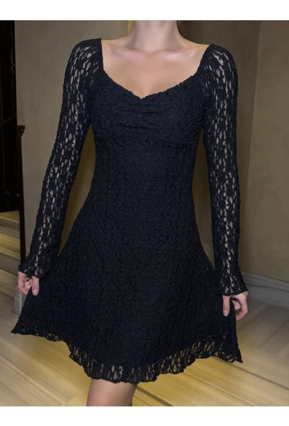 Kadın Güpür Detay Astarlı Elbise Siyah