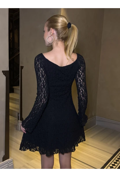 Kadın Güpür Detay Astarlı Elbise Siyah