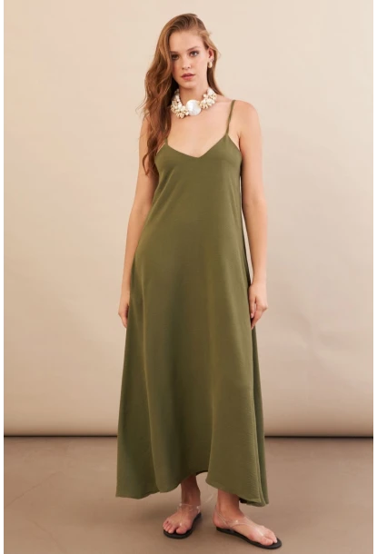 Kadın Haki Askılı Çan Midaxi Elbise OPS9005