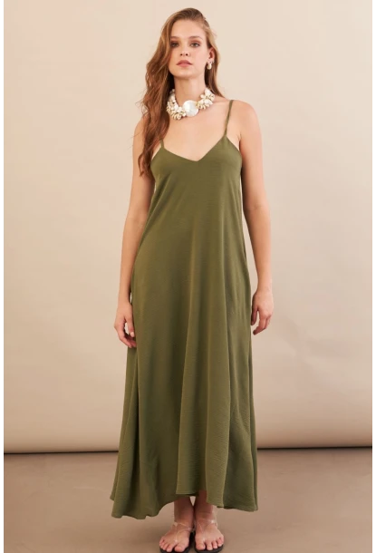 Kadın Haki Askılı Çan Midaxi Elbise OPS9005