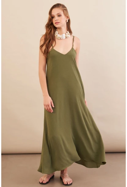 Kadın Haki Askılı Çan Midaxi Elbise OPS9005