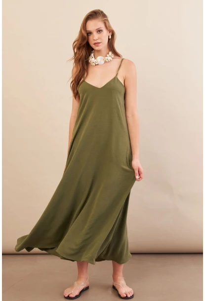 Kadın Haki Askılı Çan Midaxi Elbise OPS9005