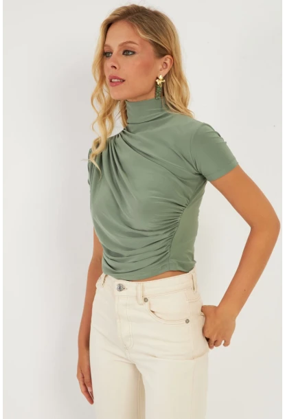 Kadın Haki Büzgülü Bluz LPP1287