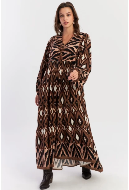 Kadın Haki Desenli Dokuma Maxi Elbise ALO235