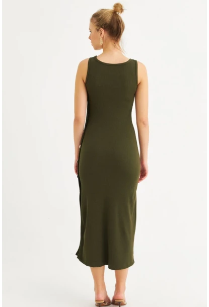 Kadın Haki Düğme Detaylı Kaşkorse Midi Elbise EY2837