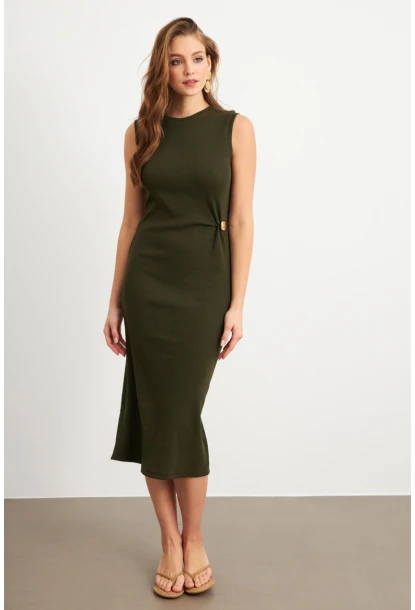 Kadın Haki Düğme Detaylı Kaşkorse Midi Elbise TF74