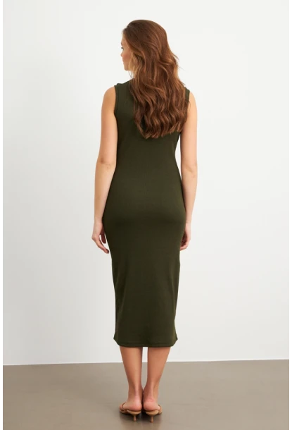 Kadın Haki Düğme Detaylı Kaşkorse Midi Elbise TF74