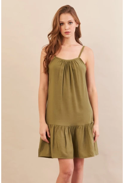 Kadın Haki Eteği Volanlı Askılı Midi Elbise OPS4152