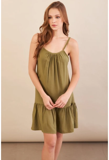 Kadın Haki Eteği Volanlı Askılı Midi Elbise OPS4152