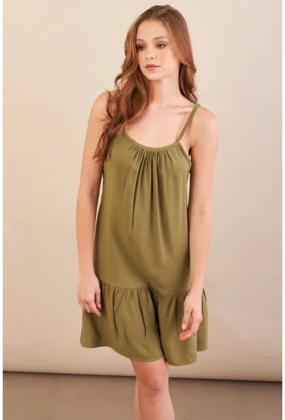 Kadın Haki Eteği Volanlı Askılı Midi Elbise OPS4152