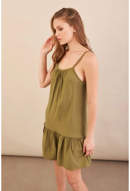 Kadın Haki Eteği Volanlı Askılı Midi Elbise OPS4152
