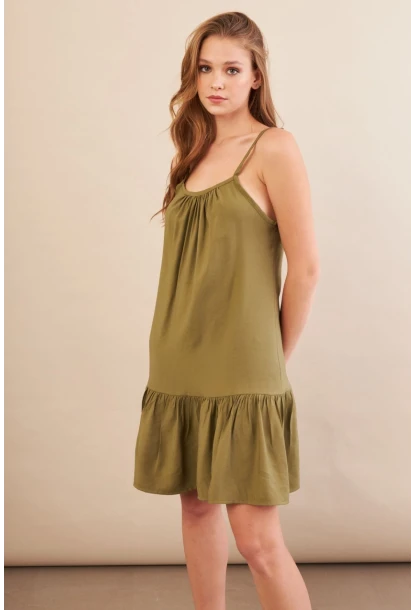 Kadın Haki Eteği Volanlı Askılı Midi Elbise OPS4152