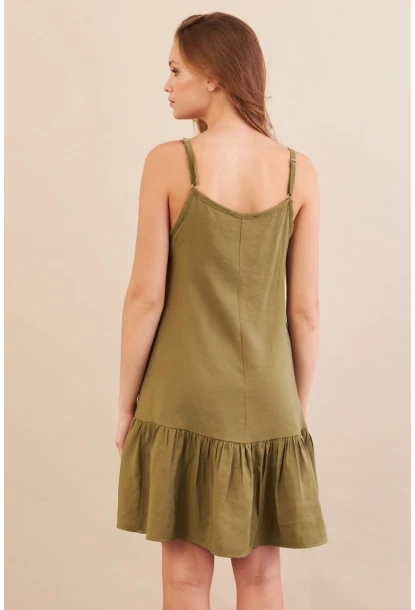 Kadın Haki Eteği Volanlı Askılı Midi Elbise OPS4152