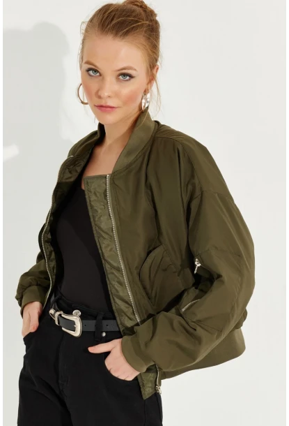 Kadın Haki Fermuarlı Bomber Mont QRS8367