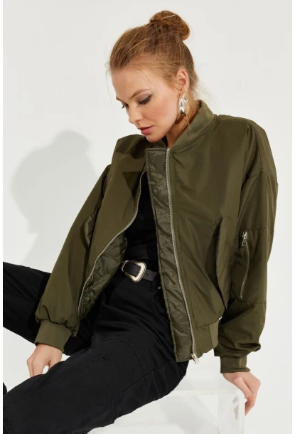 Kadın Haki Fermuarlı Bomber Mont QRS8367