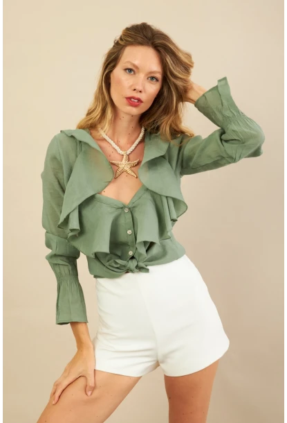 Kadın Haki Fırfırlı Gömlek DMR487