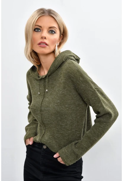 Kadın Haki Kapüşonlu Kısa Triko Bluz YV15-90