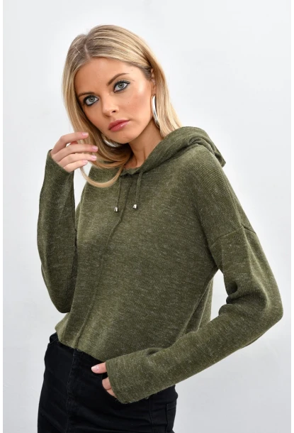 Kadın Haki Kapüşonlu Kısa Triko Bluz YV15-90