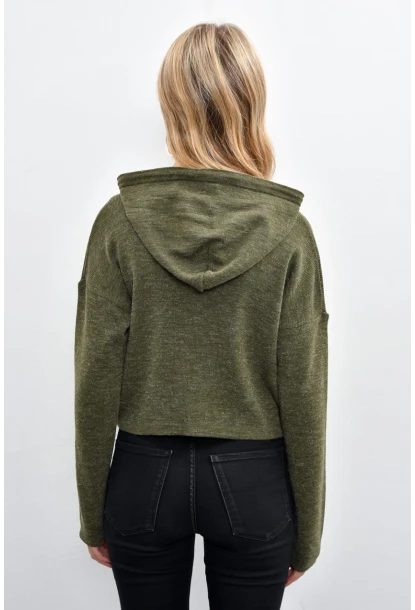 Kadın Haki Kapüşonlu Kısa Triko Bluz YV15-90