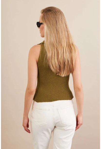 Kadın Haki Polo Yaka Yumoş Yelek ZH050