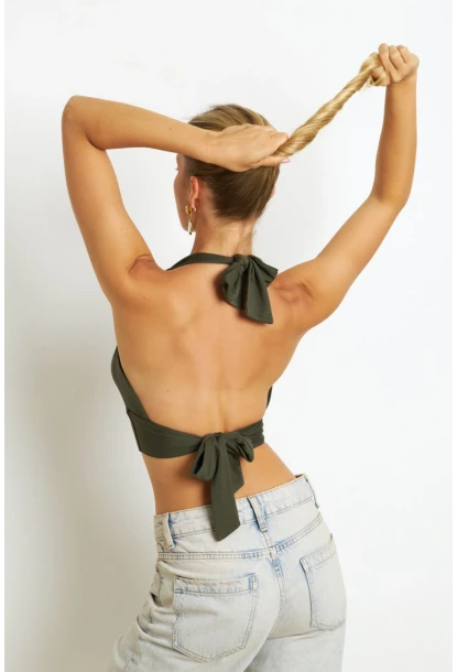 Kadın Haki Sırt Ve Boyun Bağlamalı Bluz EY1472