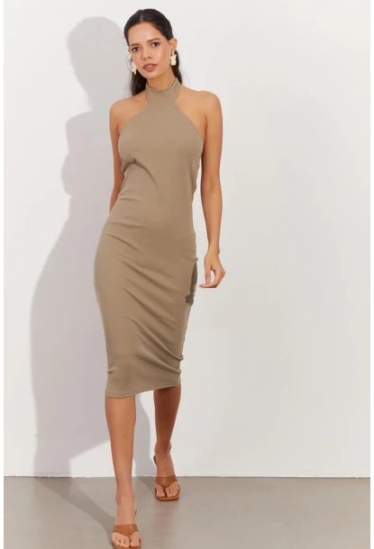 Kadın Haki Sırtı Açık Halter Midi Elbise OW138