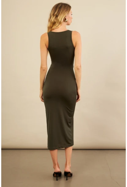 Kadın Haki Toka Aksesuarlı Pencereli Midi Elbise KED7411