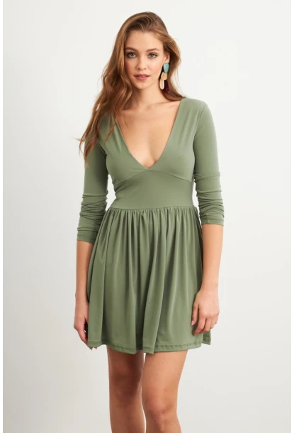 Kadın Haki V Yaka Mini Elbise LİK17
