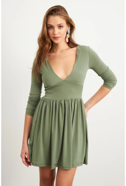 Kadın Haki V Yaka Mini Elbise LİK17